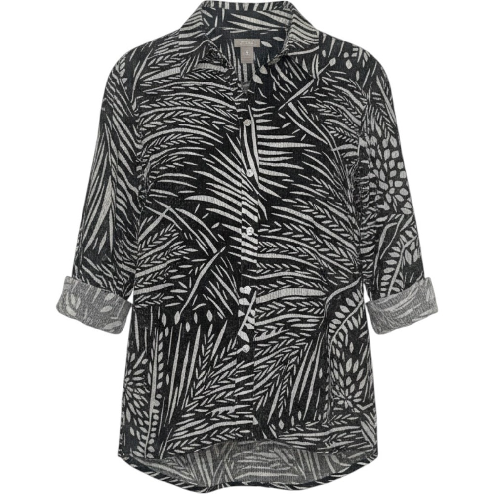 Chicos Button Down Shirt Women 3 US 16 Navy Tropical Seersucker Palm Leaf Resort